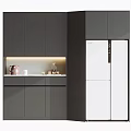 Modern Dark Wine Cabinet With LED Lighting And Decorative Items By White Refrigerator