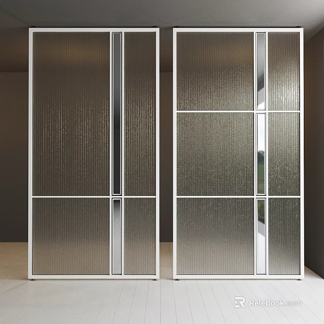 Modern Interior Glass Doors With Vertical Striped Texture And Silver Metal Frames 3d model
