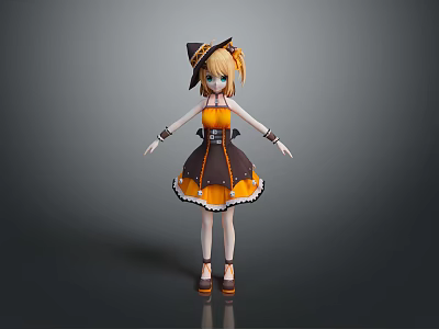 Woman Wearing Witch Hat And Yellow Black Dress With Lace Trimmed Skirt And Orange Shoes 3d model
