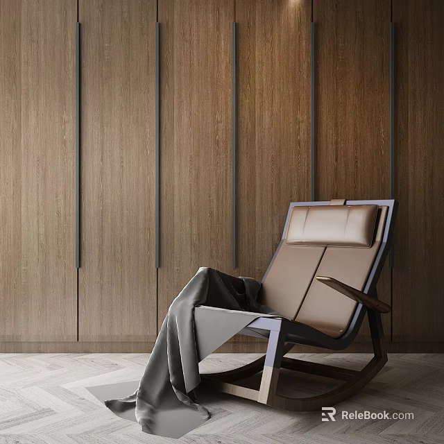 Brown Leather Lounge Chair with Wooden Frame and Gray Blanket Against Wooden Wall 3d model 
