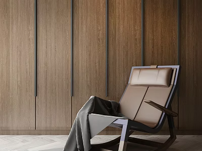 Brown Leather Lounge Chair with Wooden Frame and Gray Blanket Against Wooden Wall 3d model