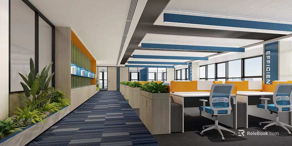 Modern Public Office Space With Green Plants Open Layout Blue Orange Accents Office Desks Chairs 3d model 