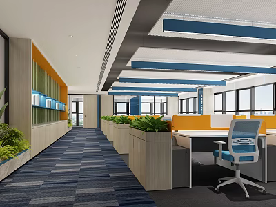 Modern Public Office Space With Green Plants Open Layout Blue Orange Accents Office Desks Chairs 3d model