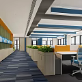 Modern Public Office Space With Green Plants Open Layout Blue Orange Accents Office Desks Chairs