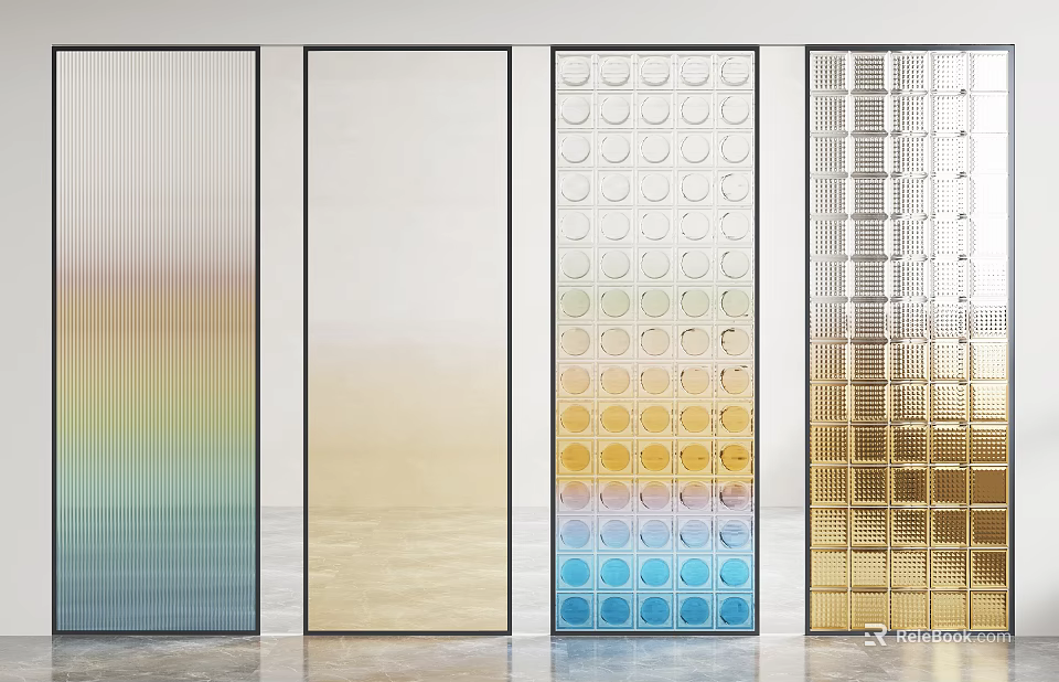 Modern Glass Room Dividers With Textured Patterned And Colorful Gradient Designs 3d model 
