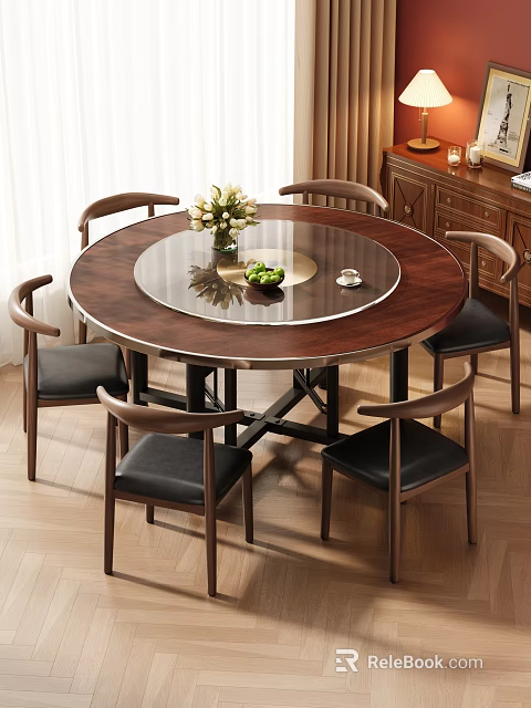 Round Dining Table And Chair Set With Glass Top Metal Base And Black Cushioned Seats 3d model 