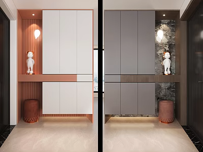 Modern Interior Shoe Cabinet Design With White Gray Wooden Panels Open Shelf And Stone Wall 3d model