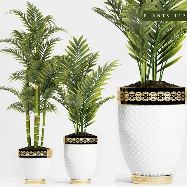 Elegant Decorative Plant Set With White Textured Planters And Gold Accent Rings 3d model 