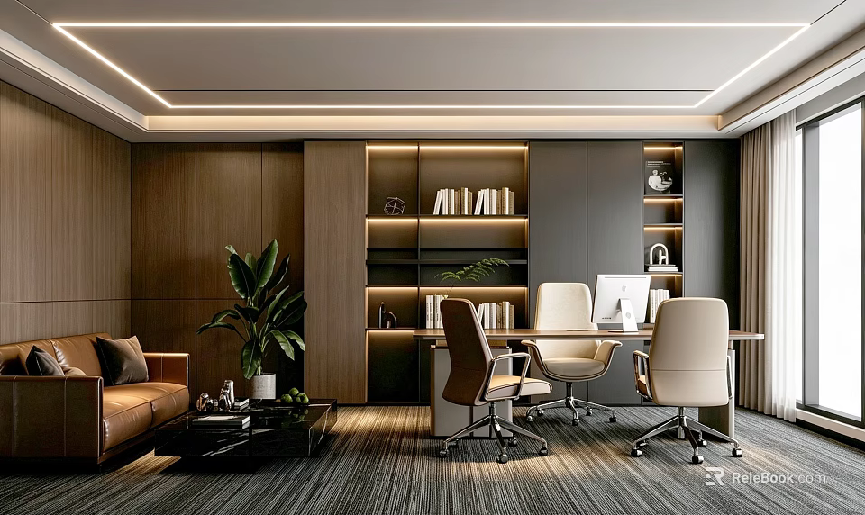 Modern Office Interior Design With Wooden Bookshelves Desk Chairs And Potted Plant 3d model 