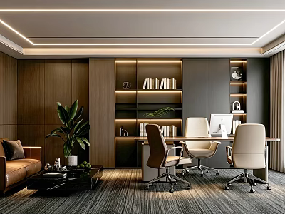 Modern Office Interior Design With Wooden Bookshelves Desk Chairs And Potted Plant 3d model