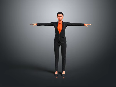 Game Film Female Character In Black Suit Orange Shirt Standing Arms Outstretched On Gray Background 3d model