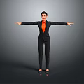 Game Film Female Character In Black Suit Orange Shirt Standing Arms Outstretched On Gray Background