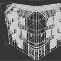 European style Architecture Two Story Building With Brown Roof Pointed Gables Green White Walls Black Timber Frames