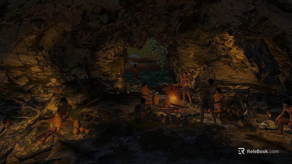 Prehistoric Human Tribe Gathers Around Warm Campfire Making Primitive Pottery Inside Large Natural Rock Cave 3d model 