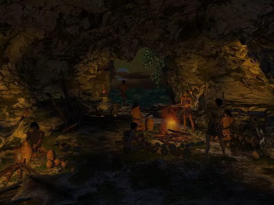 Prehistoric Human Tribe Gathers Around Warm Campfire Making Primitive Pottery Inside Large Natural Rock Cave 3d model
