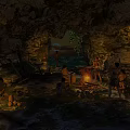 Prehistoric Human Tribe Gathers Around Warm Campfire Making Primitive Pottery Inside Large Natural Rock Cave