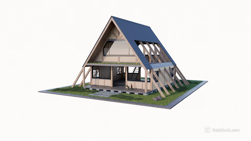 Modern Gable Roof House With Wooden Structure Blue Roof And Lawn Steps 3d model 