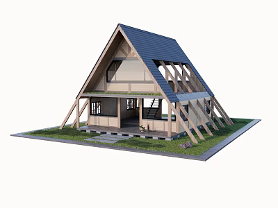 Modern Gable Roof House With Wooden Structure Blue Roof And Lawn Steps 3d model