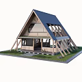 Modern Gable Roof House With Wooden Structure Blue Roof And Lawn Steps
