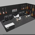 Guitar Exhibition Booth With Wall Mounted Guitars Amplifiers Chairs And Tables