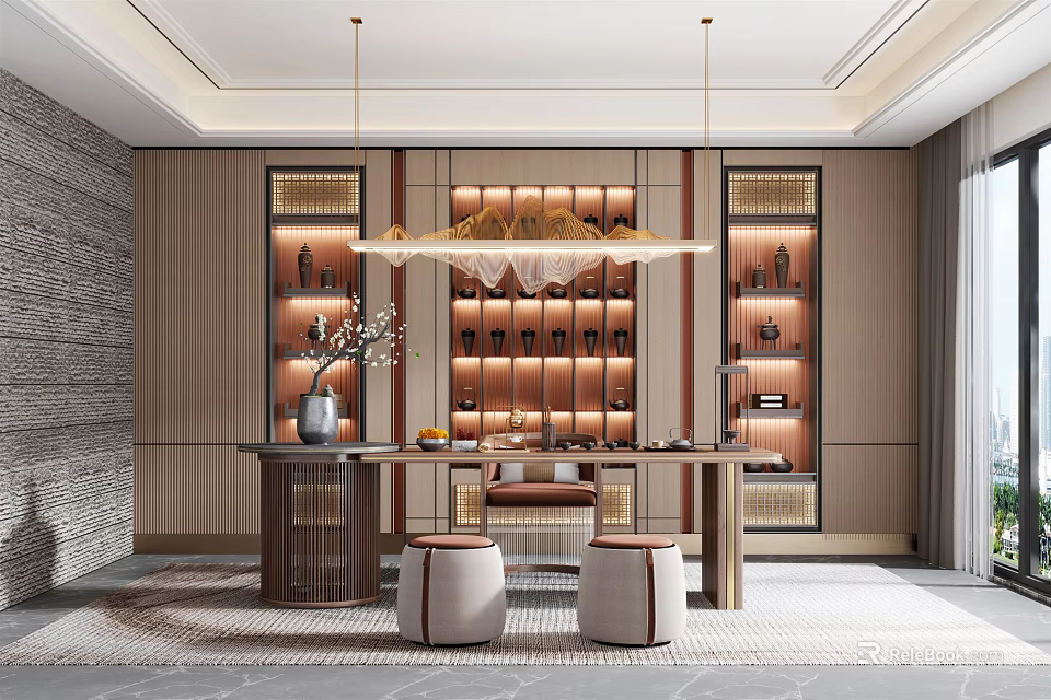 Elegant Modern Tea Room Interior Design With Wooden Shelves Pendant Lights And Tea Table 3d model 