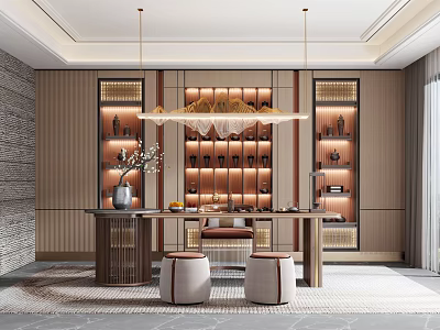 Elegant Modern Tea Room Interior Design With Wooden Shelves Pendant Lights And Tea Table 3d model