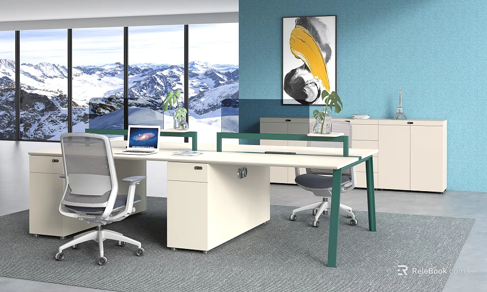 Modern Office Desk Setup With Ergonomic Chairs Potted Plants And Mountain View Through Large Windows 3d model 