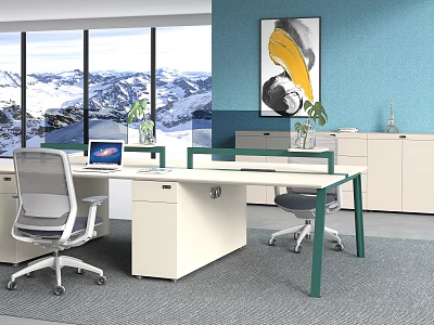 Modern Office Desk Setup With Ergonomic Chairs Potted Plants And Mountain View Through Large Windows 3d model