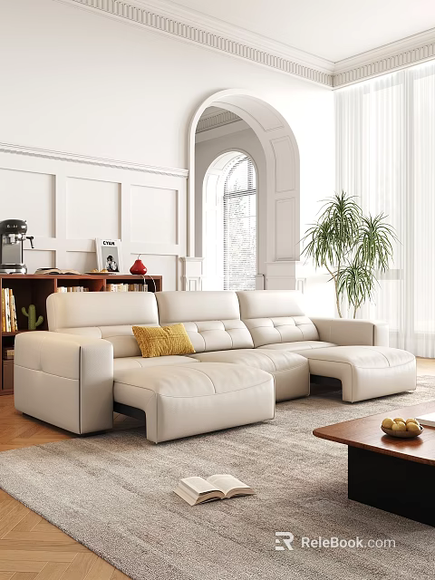 Modern Living Room White L shaped Leather Sofa With Yellow Cushion And Wooden Coffee Table 3d model 