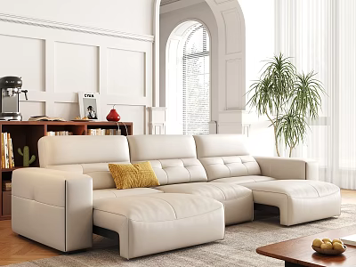 Modern Living Room White L shaped Leather Sofa With Yellow Cushion And Wooden Coffee Table 3d model