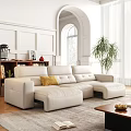 Modern Living Room White L shaped Leather Sofa With Yellow Cushion And Wooden Coffee Table