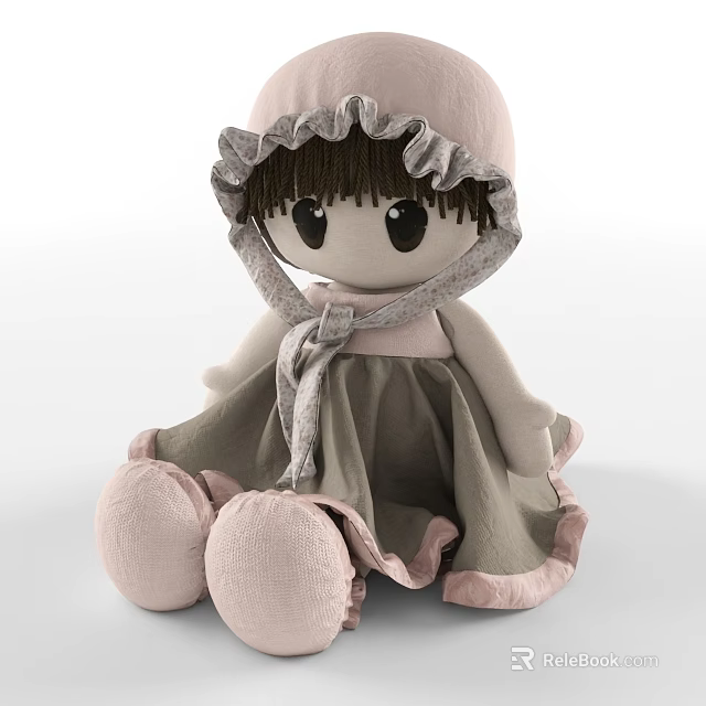 Cute Soft Doll with Pink Hat Gray Dress Ruffled Edges Big Black Eyes Pink Feet 3d model 