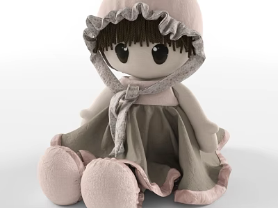 Cute Soft Doll with Pink Hat Gray Dress Ruffled Edges Big Black Eyes Pink Feet 3d model