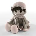 Cute Soft Doll with Pink Hat Gray Dress Ruffled Edges Big Black Eyes Pink Feet