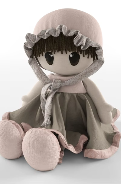 Cute Soft Doll with Pink Hat Gray Dress Ruffled Edges Big Black Eyes Pink Feet 3d model