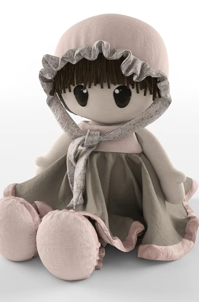 Cute Soft Doll with Pink Hat Gray Dress Ruffled Edges Big Black Eyes Pink Feet 3d model Cute Soft Doll with Pink Hat Gray Dress Ruffled Edges Big Black Eyes Pink Feet 3d model