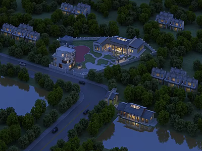Aerial View Of Illuminated School Building With Courtyard Trees And Water Surroundings 3d model