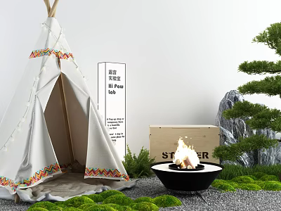 White Tipi Tent With Colorful Trim Near Fire Pit Green Moss And Gravel 3d model