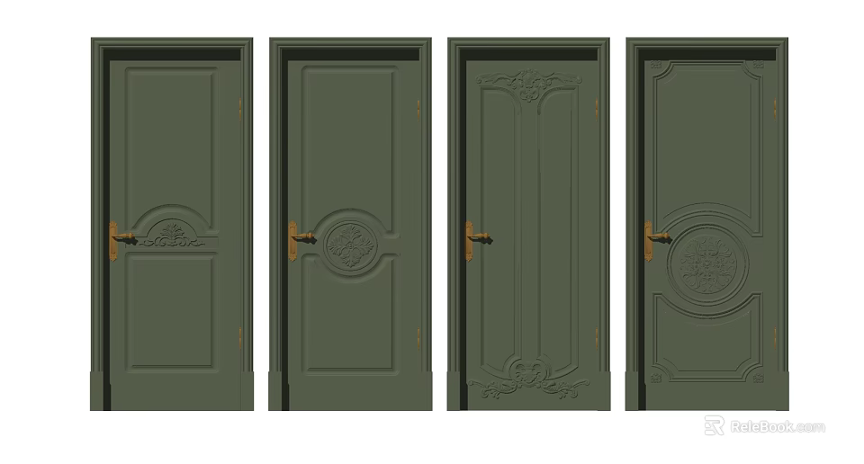Green Swing Doors Featuring Various Decorative Patterns And Brass Handles 3d model