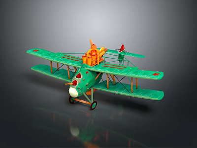 Vintage Green Biplane Model With Orange Accents And Cosmic Flame Design For Aerospace Decor 3d model
