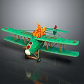Vintage Green Biplane Model With Orange Accents And Cosmic Flame Design For Aerospace Decor