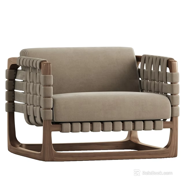 Modern Comfortable Lounge Chair With Wooden Frame And Beige Woven Upholstery 3d model 