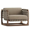 Modern Comfortable Lounge Chair With Wooden Frame And Beige Woven Upholstery