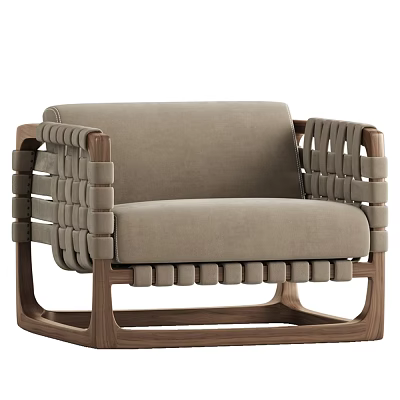 Modern Comfortable Lounge Chair With Wooden Frame And Beige Woven Upholstery 3d model