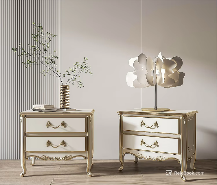 Elegant Gold White Bedside Tables With Drawers Flower Lamp And Plant On Light Striped Wall 3d model 