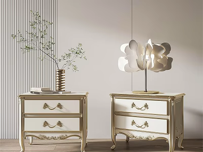 Elegant Gold White Bedside Tables With Drawers Flower Lamp And Plant On Light Striped Wall 3d model