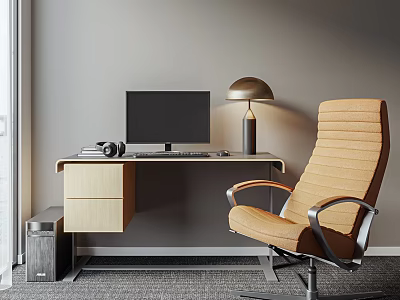 Modern Home Office Desk with Black Monitor Golden Table Lamp and Orange Ergonomic Chair 3d model