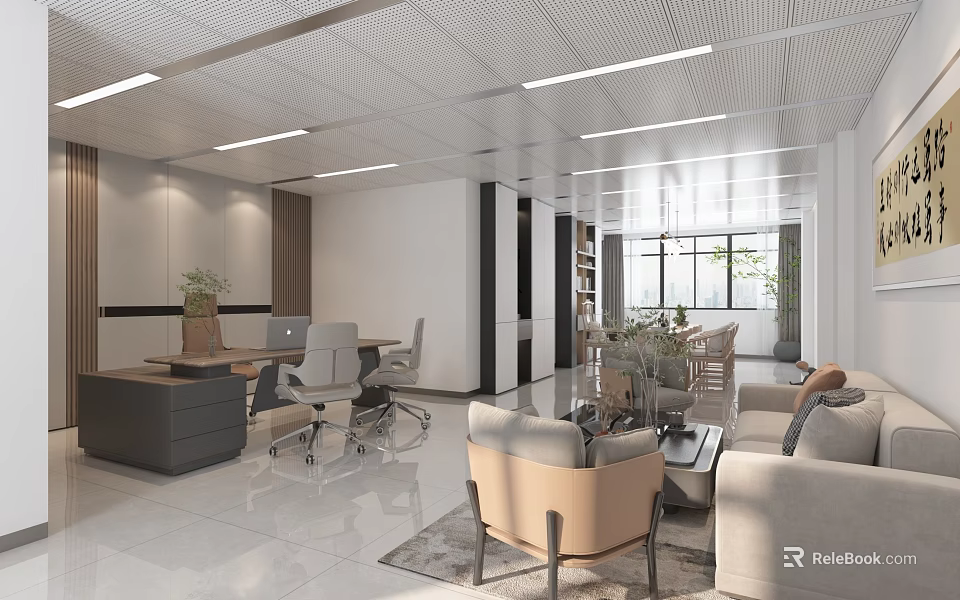 Modern Office Interior Design With Open Layout Desk Chairs Sofa Plants And Wooden Bookshelf 3d model 