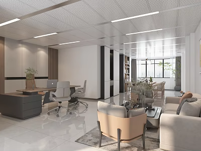 Modern Office Interior Design With Open Layout Desk Chairs Sofa Plants And Wooden Bookshelf 3d model