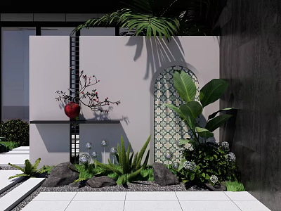 Garden Landscape Featuring Arched Tiled Wall Red Vase Lush Foliage And Decorative Stones 3d model